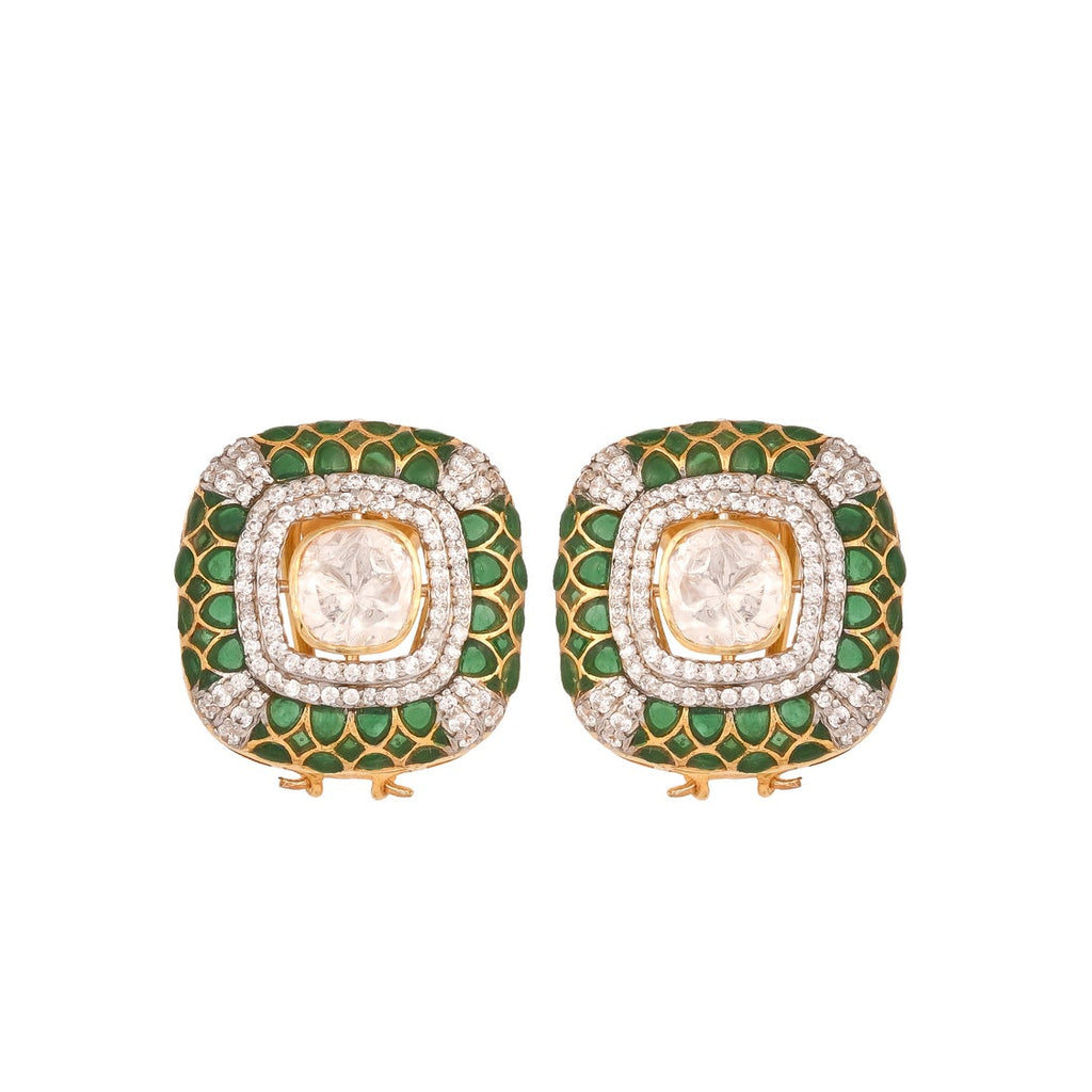 Emerald Square Polki Silver Stud Earrings