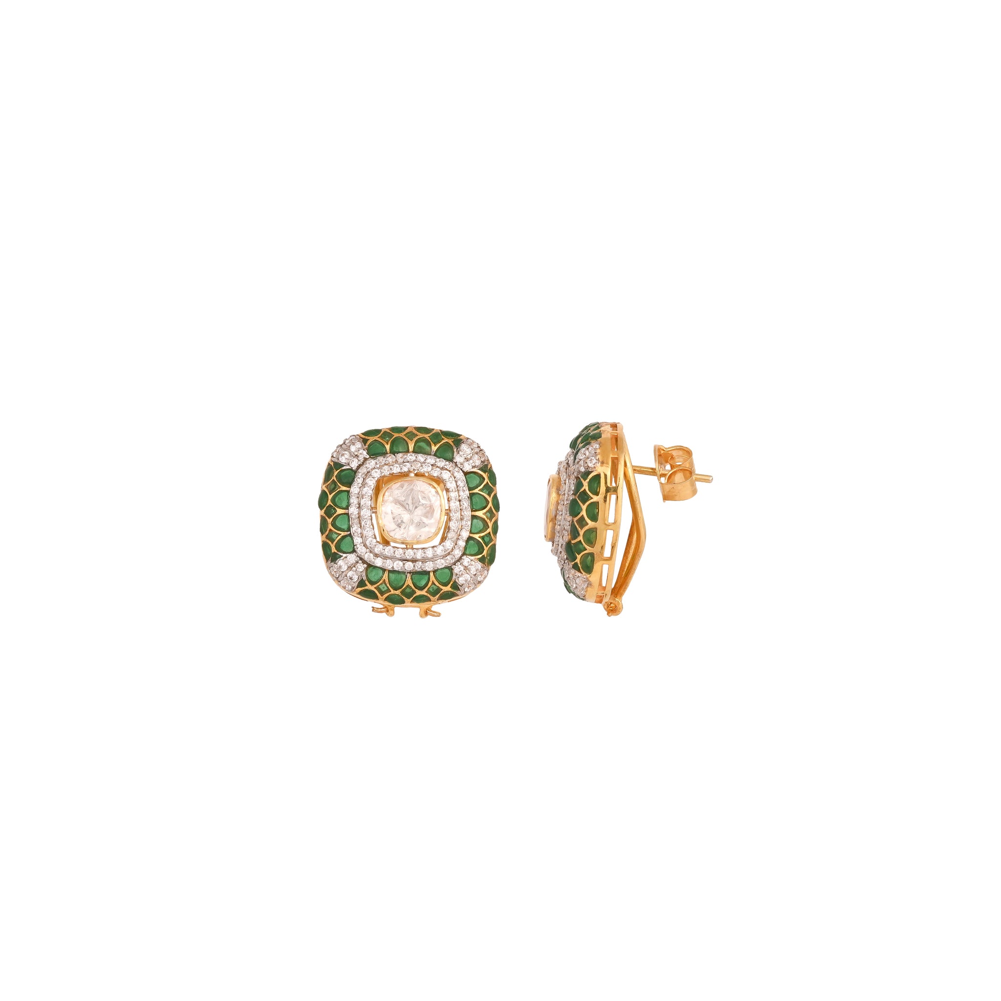 Emerald Square Polki Silver Stud Earrings