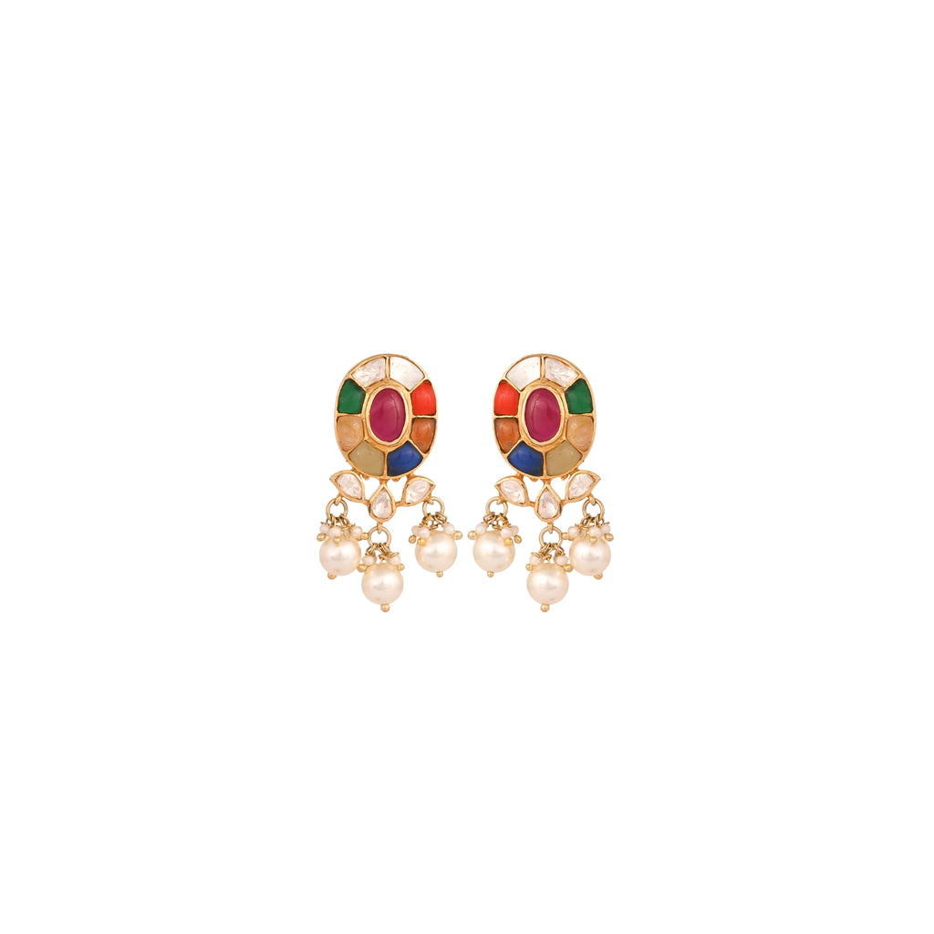Navratna Oval Pearl Drop Earrings