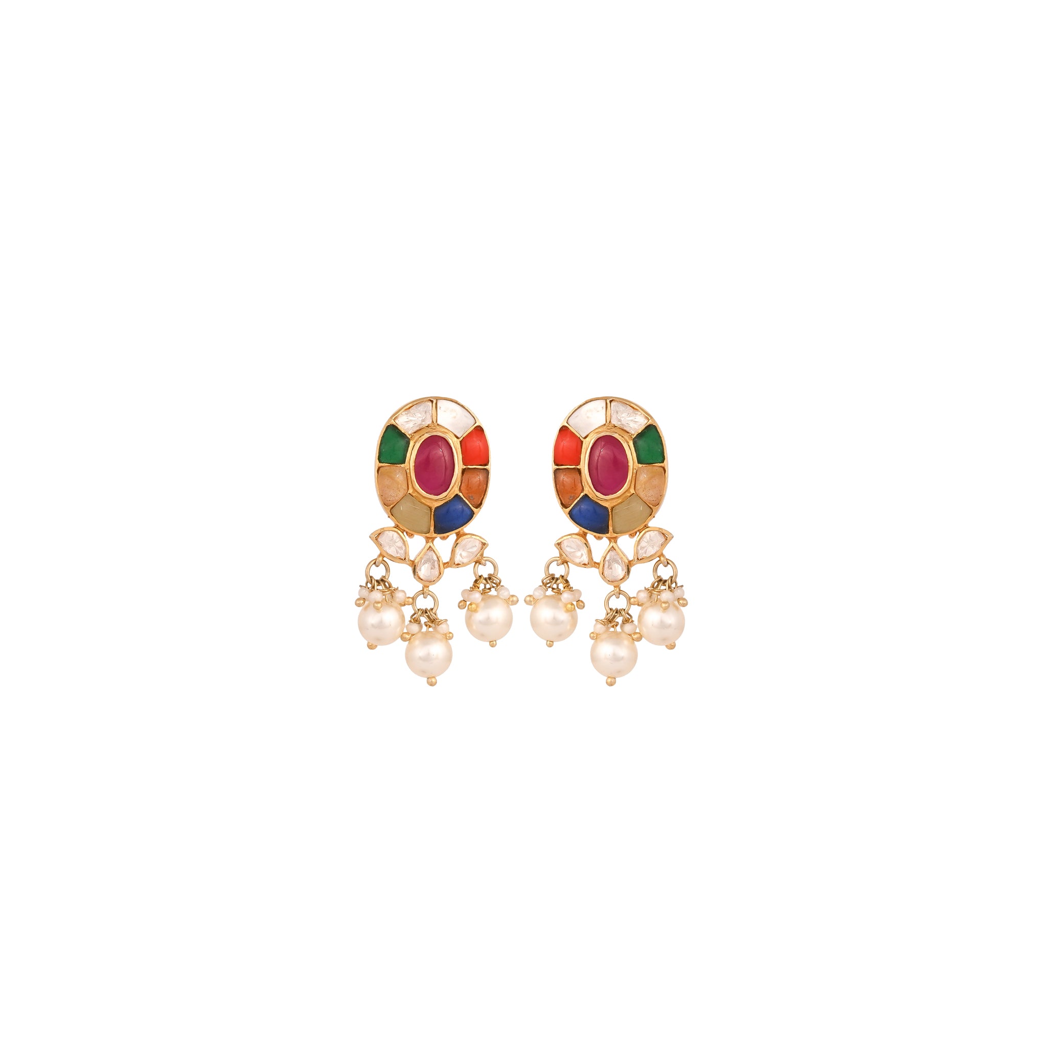 Navratna Oval Pearl Drop Earrings
