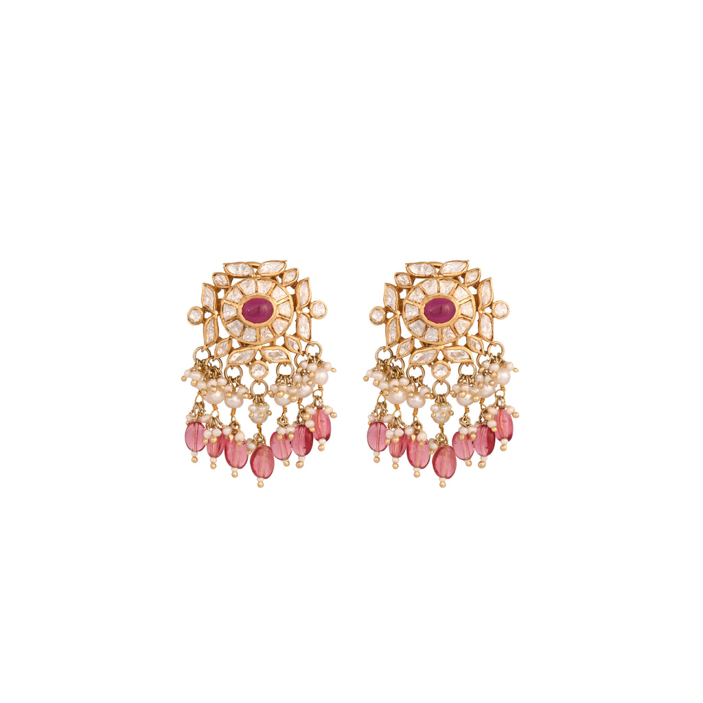 Tourmaline, Polki & Pearl Silver Earrings