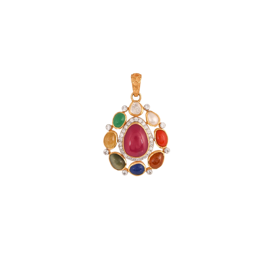 Navratna Leaf Drop Silver Pendant Set