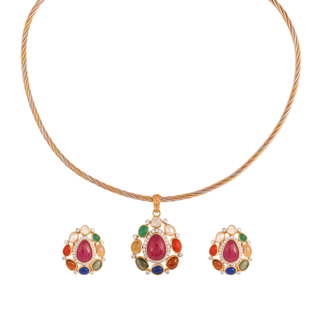 Navratna Leaf Drop Silver Pendant Set