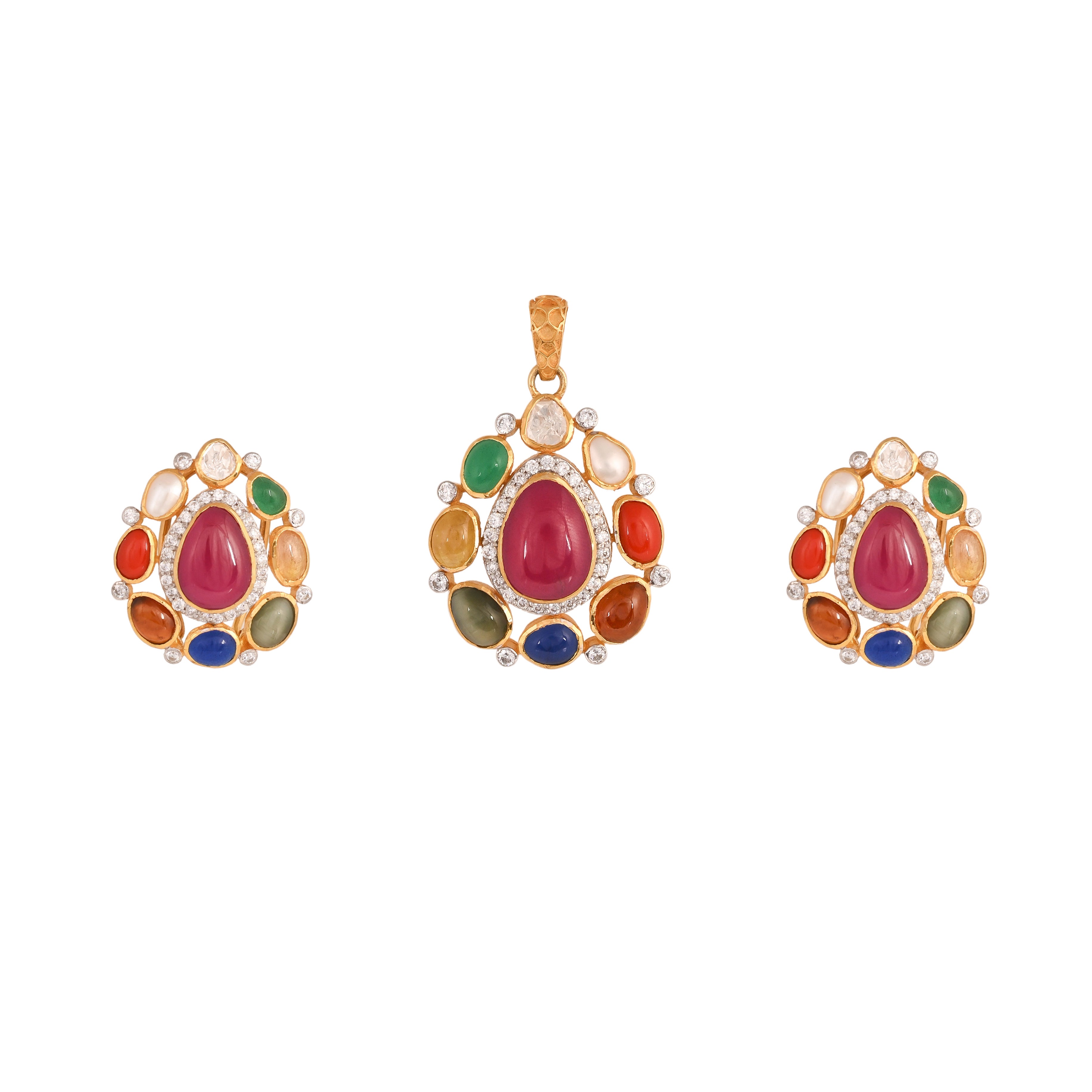 Navratna Leaf Drop Silver Pendant Set