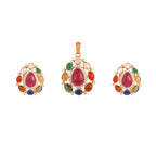 Navratna Leaf Drop Silver Pendant Set