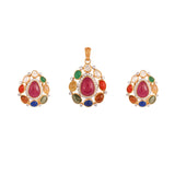 Navratna Leaf Drop Silver Pendant Set
