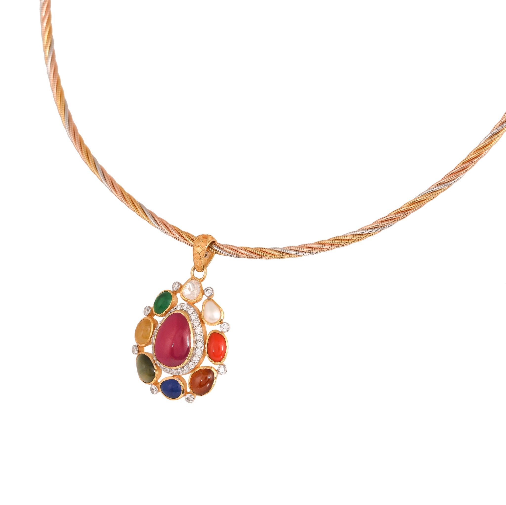 Navratna Leaf Drop Silver Pendant