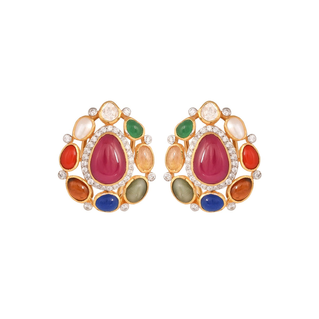 Navratna Leaf Drop Silver Earrings