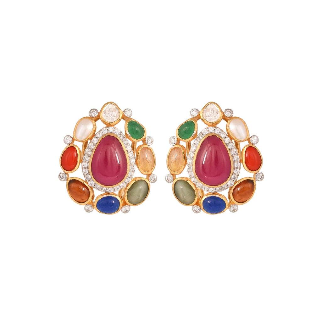 Navratna Leaf Drop Silver Earrings