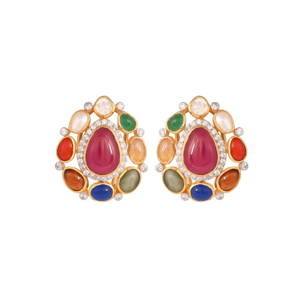 Navratna Leaf Drop Silver Earrings