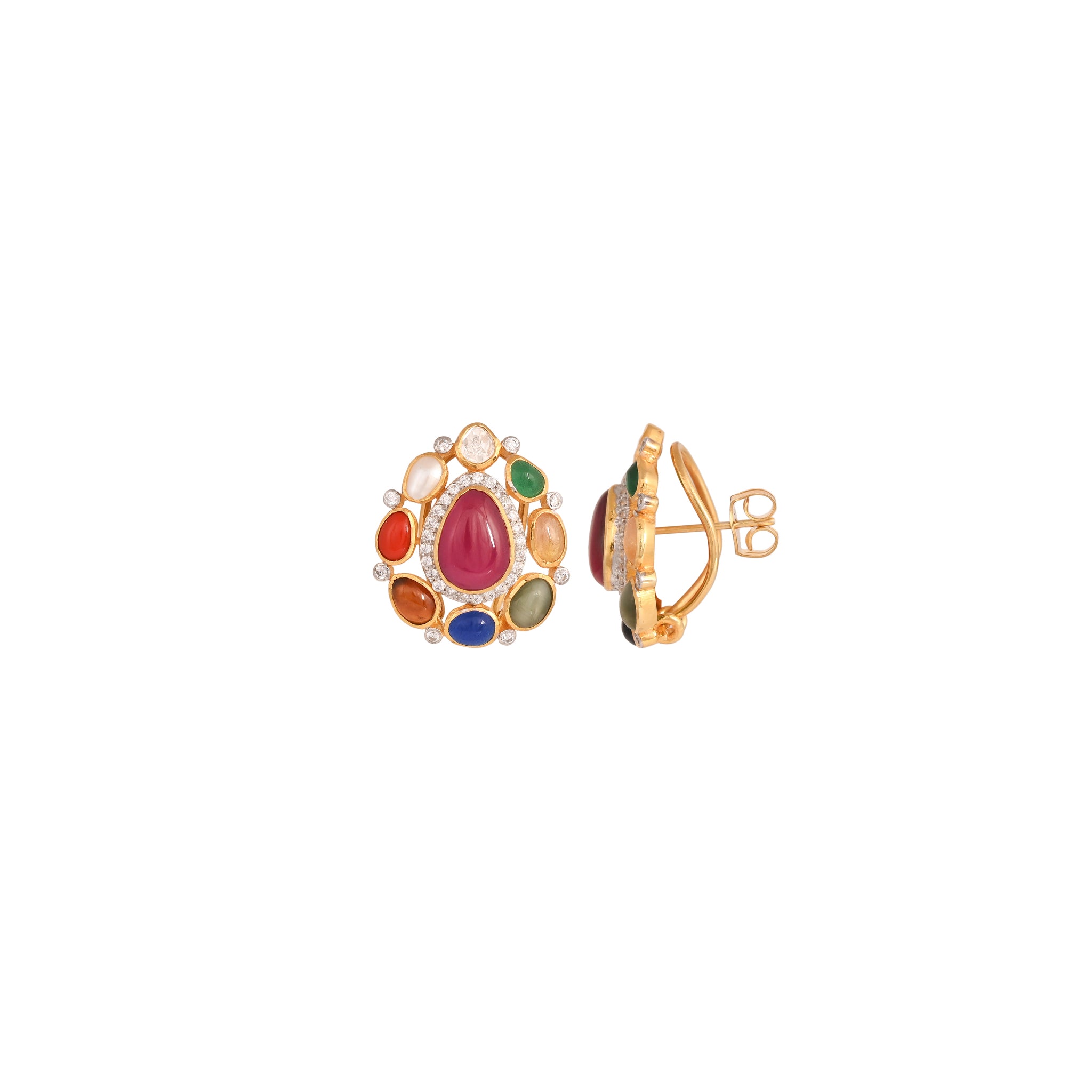 Navratna Leaf Drop Silver Earrings