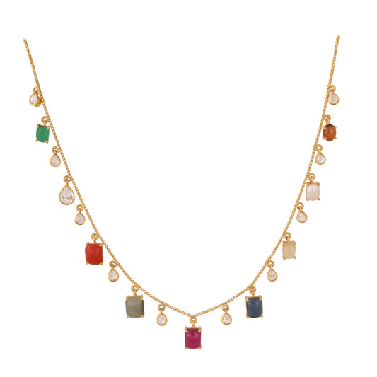 Navratna Drop Polki Silver Chain Necklace