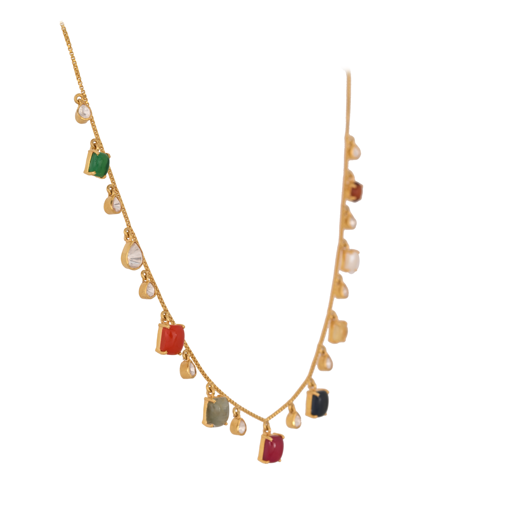 Navratna Drop Polki Silver Chain Necklace