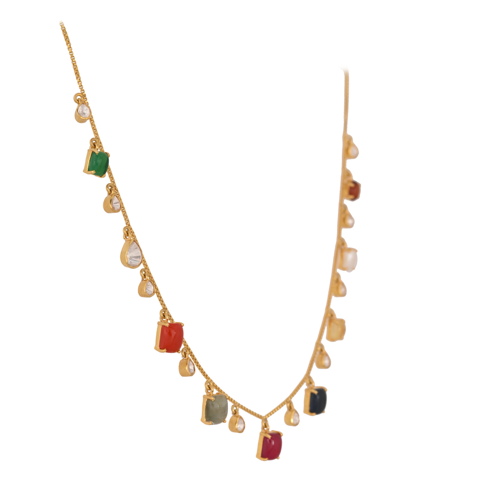 Navratna Drop Polki Silver Chain Necklace