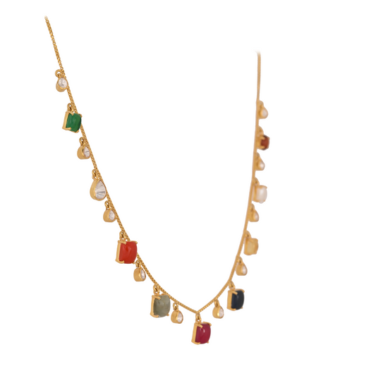 Navratna Drop Polki Silver Chain Necklace