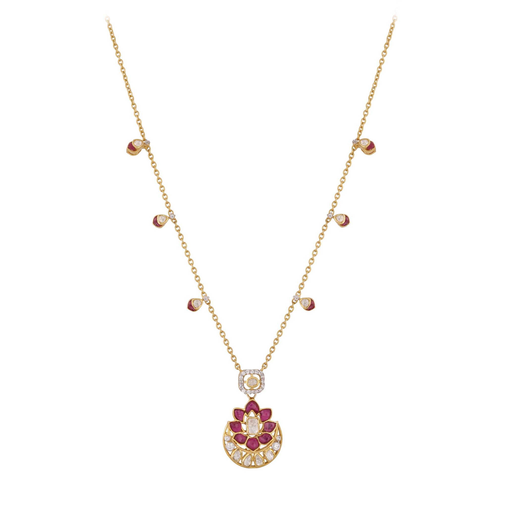 Gul Lotus Ruby & Polki Silver Chain Necklace Set
