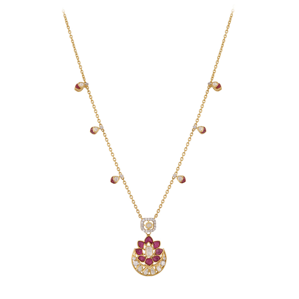 Gul Lotus Ruby & Polki Silver Chain Necklace