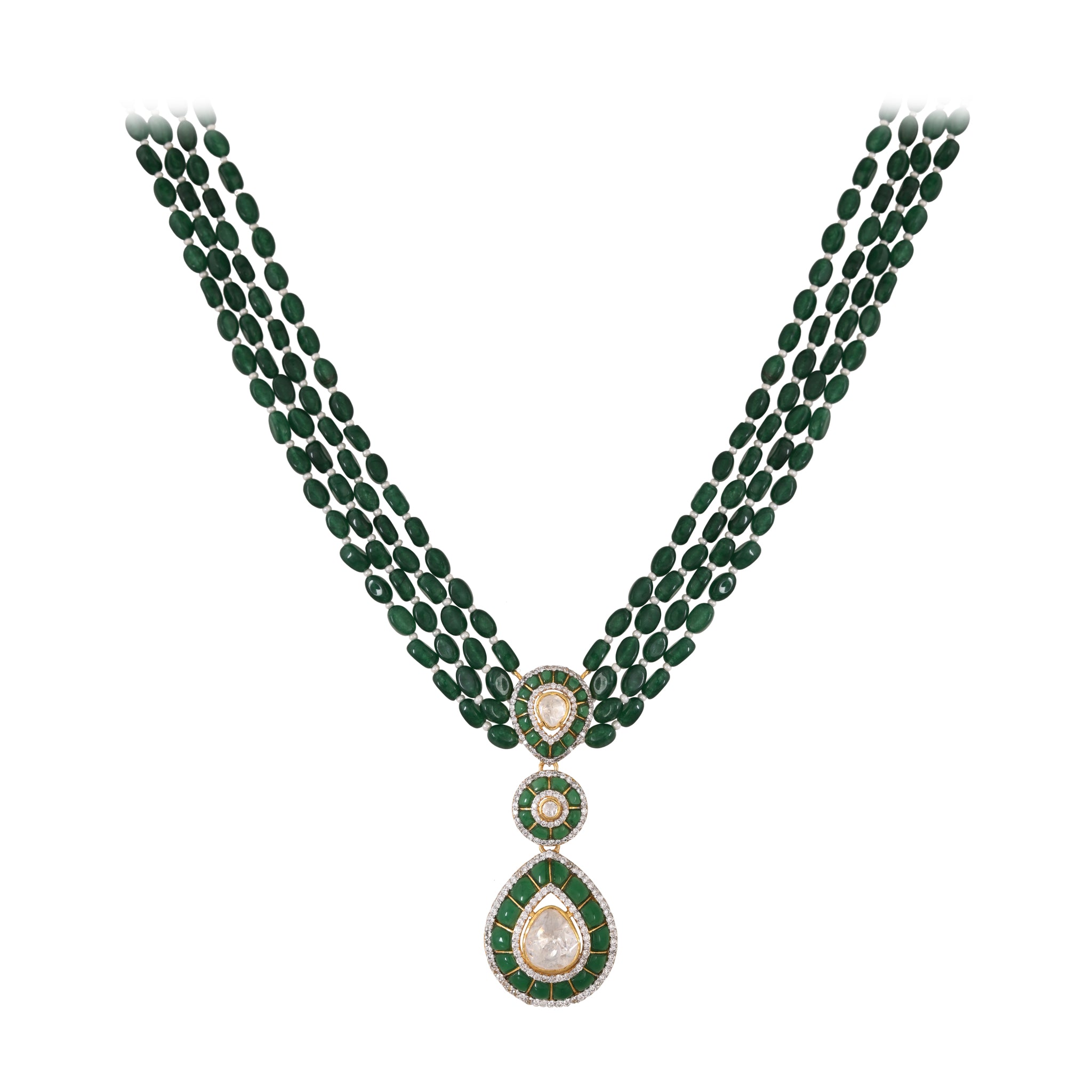 Emerald & Polki Layered Silver Necklace Set (4 Strings)