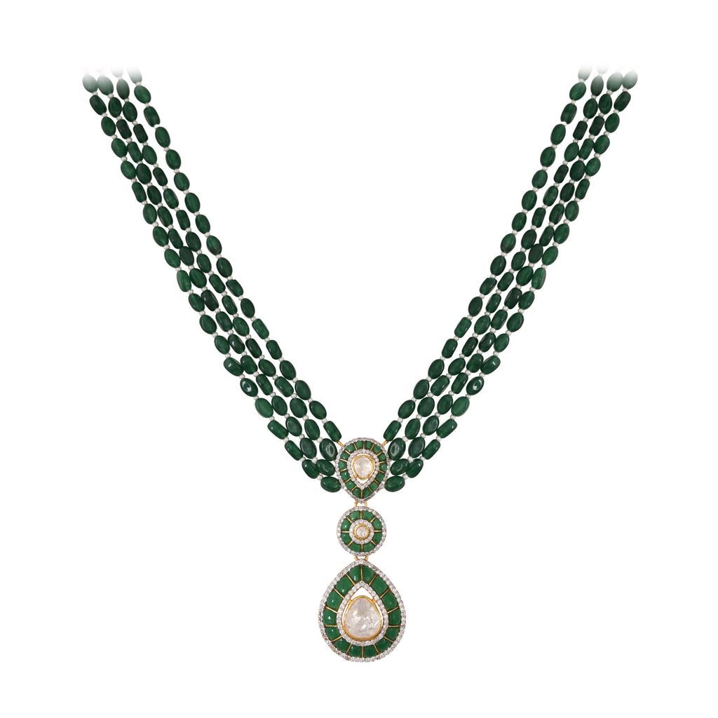 Emerald & Polki Layered Silver Necklace Set (4 Strings)
