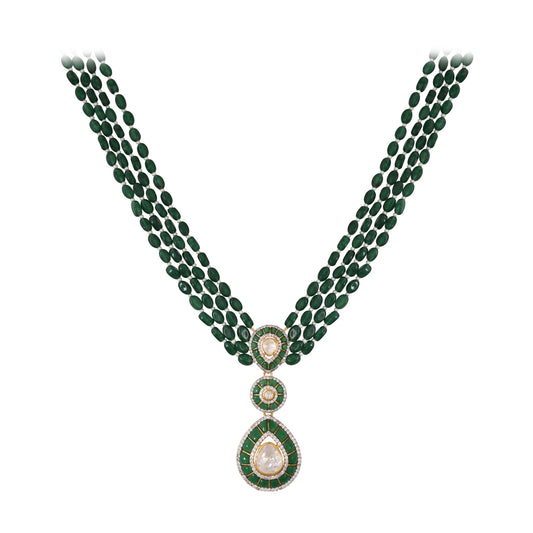 Emerald & Polki Layered Silver Necklace Set (4 Strings)