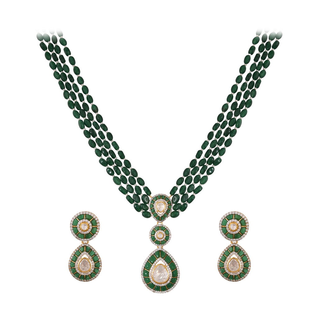Emerald & Polki Layered Silver Necklace Set (4 Strings)