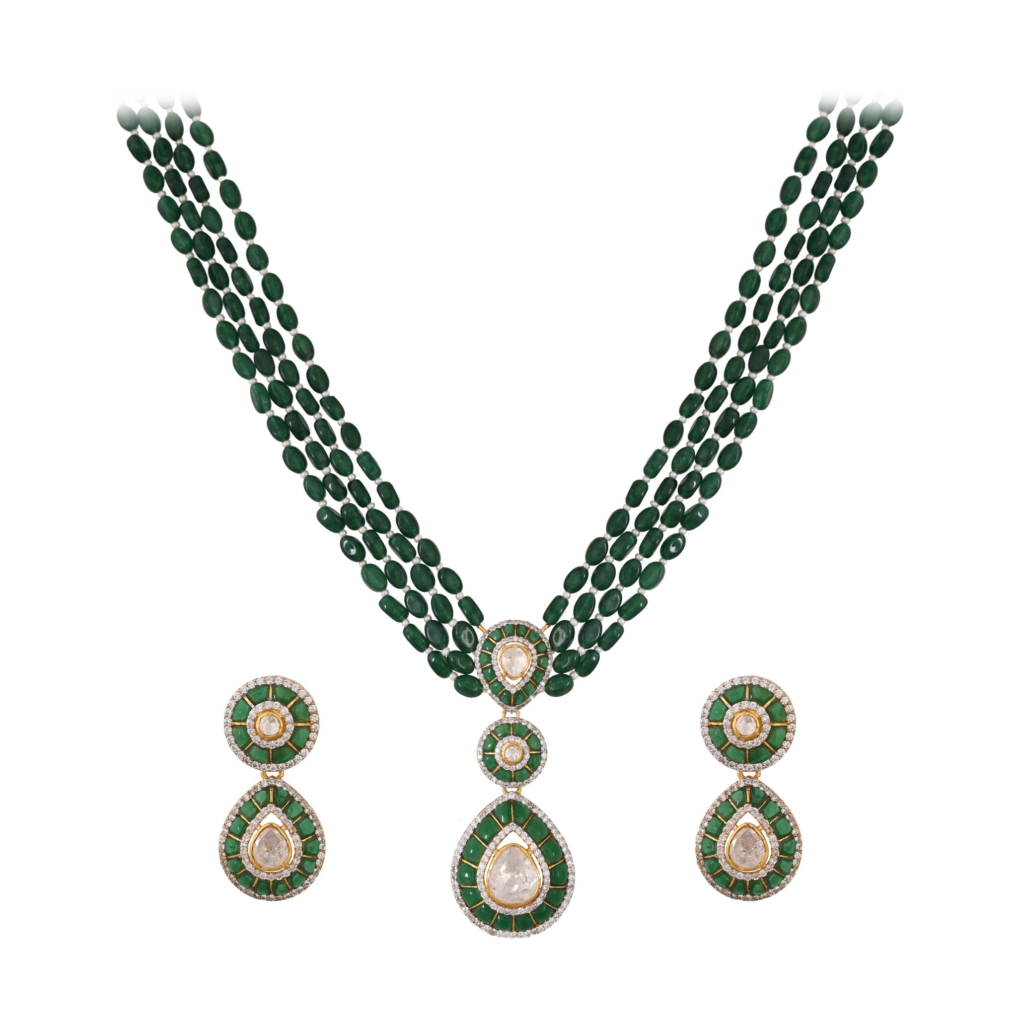 Emerald & Polki Layered Silver Necklace Set (4 Strings)