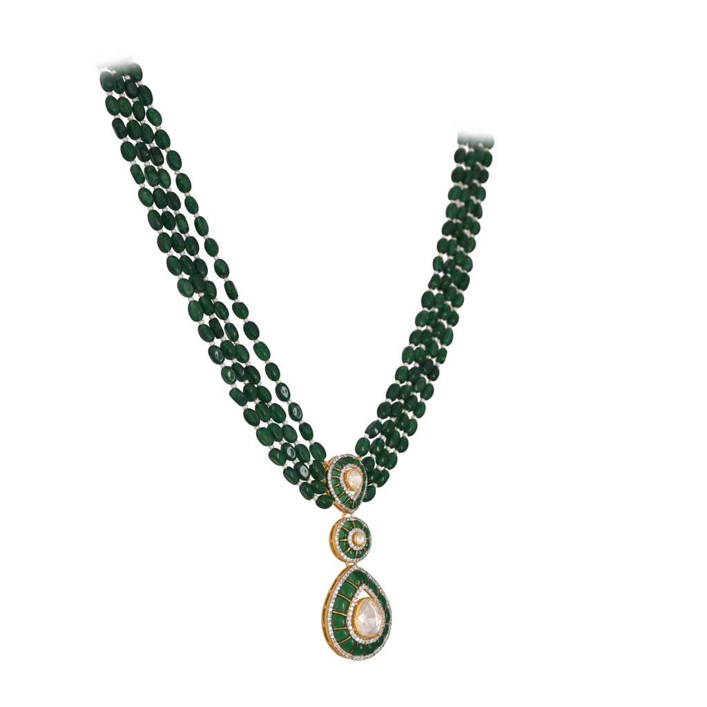 Emerald & Polki Layered Silver Necklace Set (4 Strings)