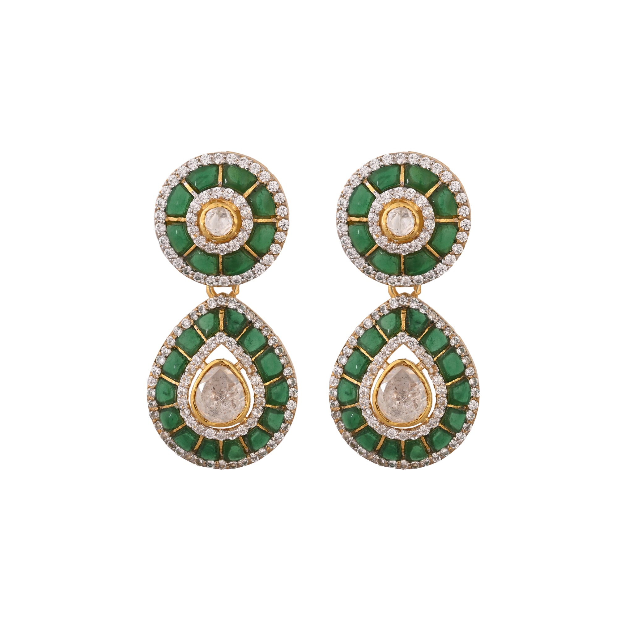 Emerald & Polki Silver Drop Earrings