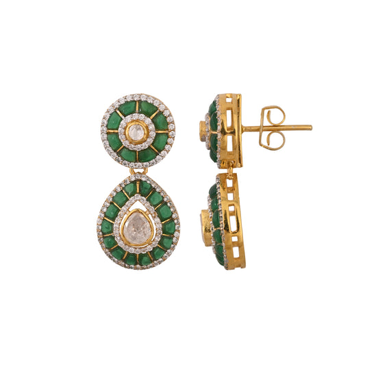 Emerald & Polki Silver Drop Earrings