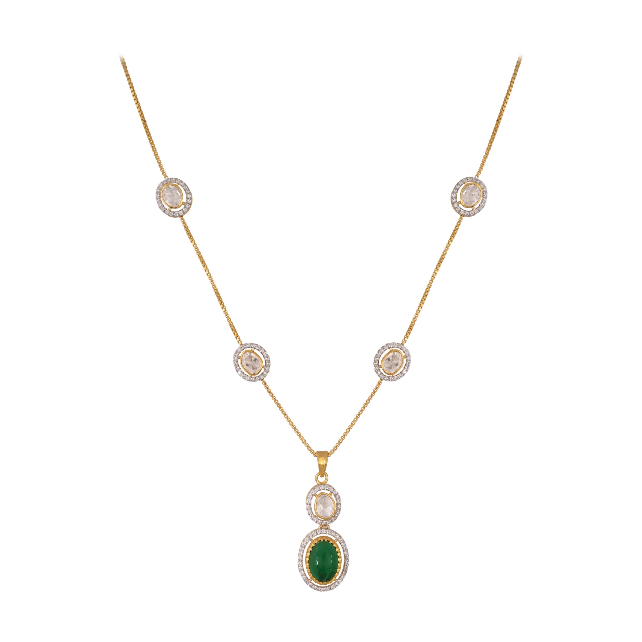 Emerald & Polki Drop Silver Chain Necklace
