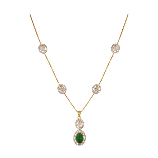 Emerald & Polki Drop Silver Chain Necklace