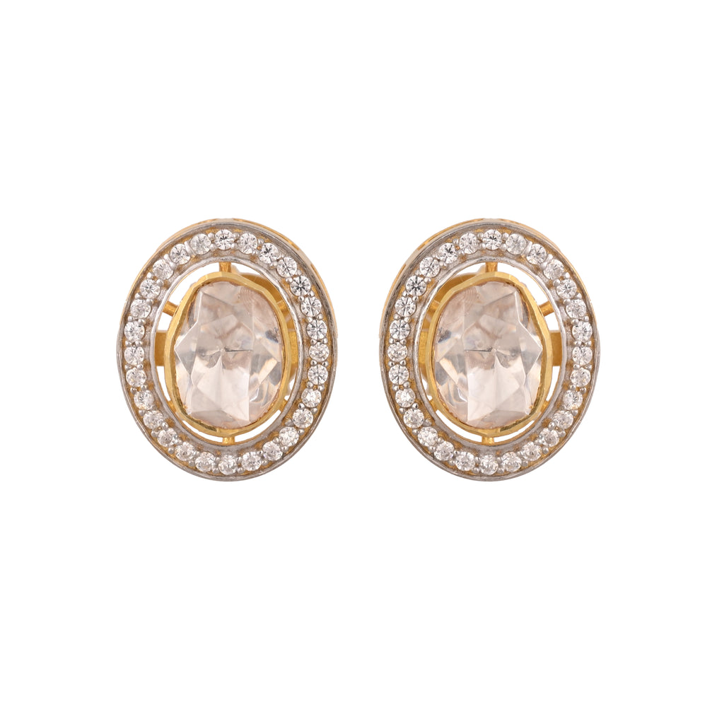 Noor Oval Polki Silver Stud Earrings