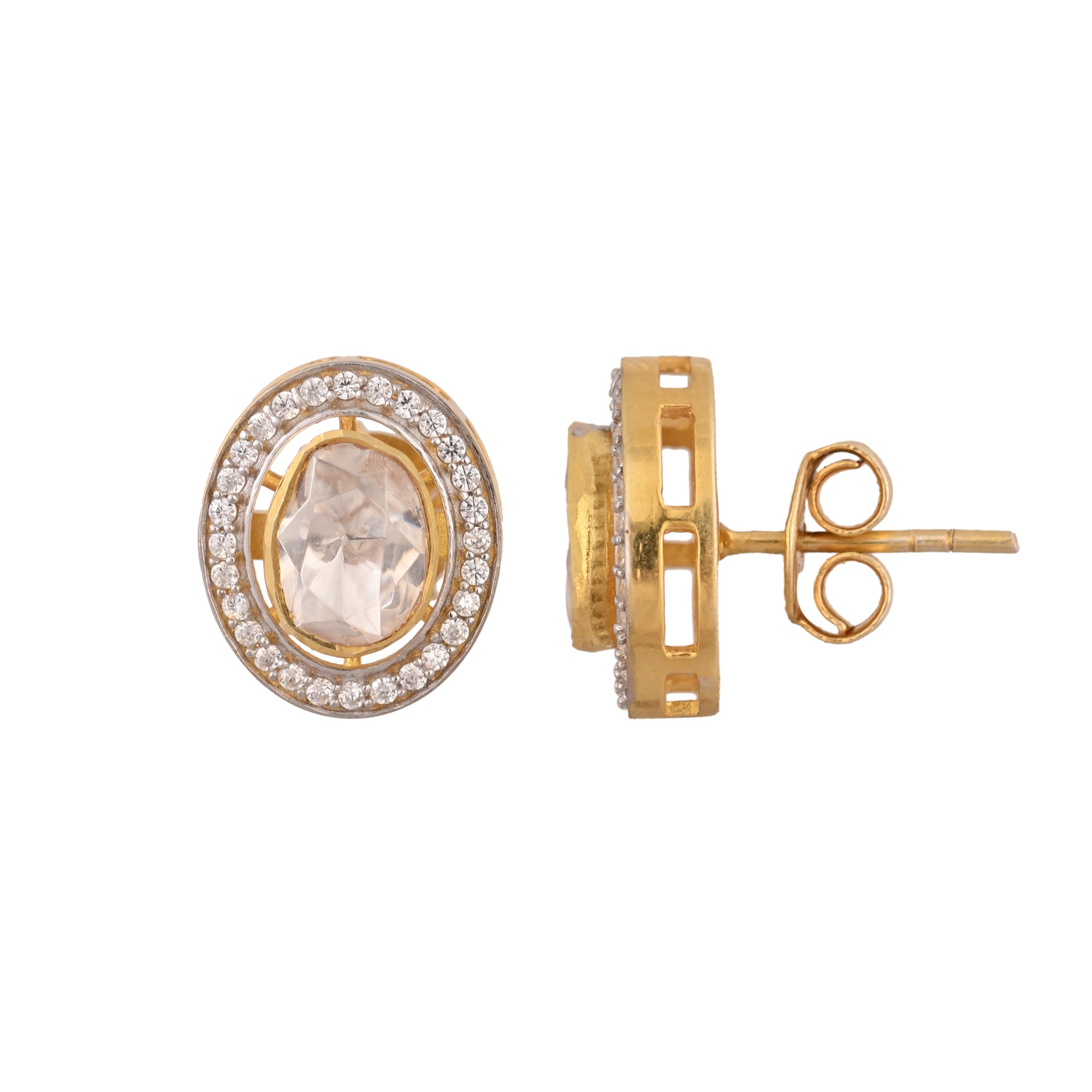 Noor Oval Polki Silver Stud Earrings