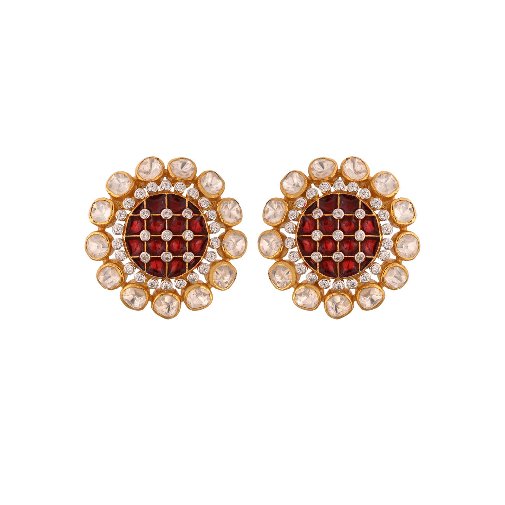 Floral Polki & Maroon Meenakari Silver Earrings