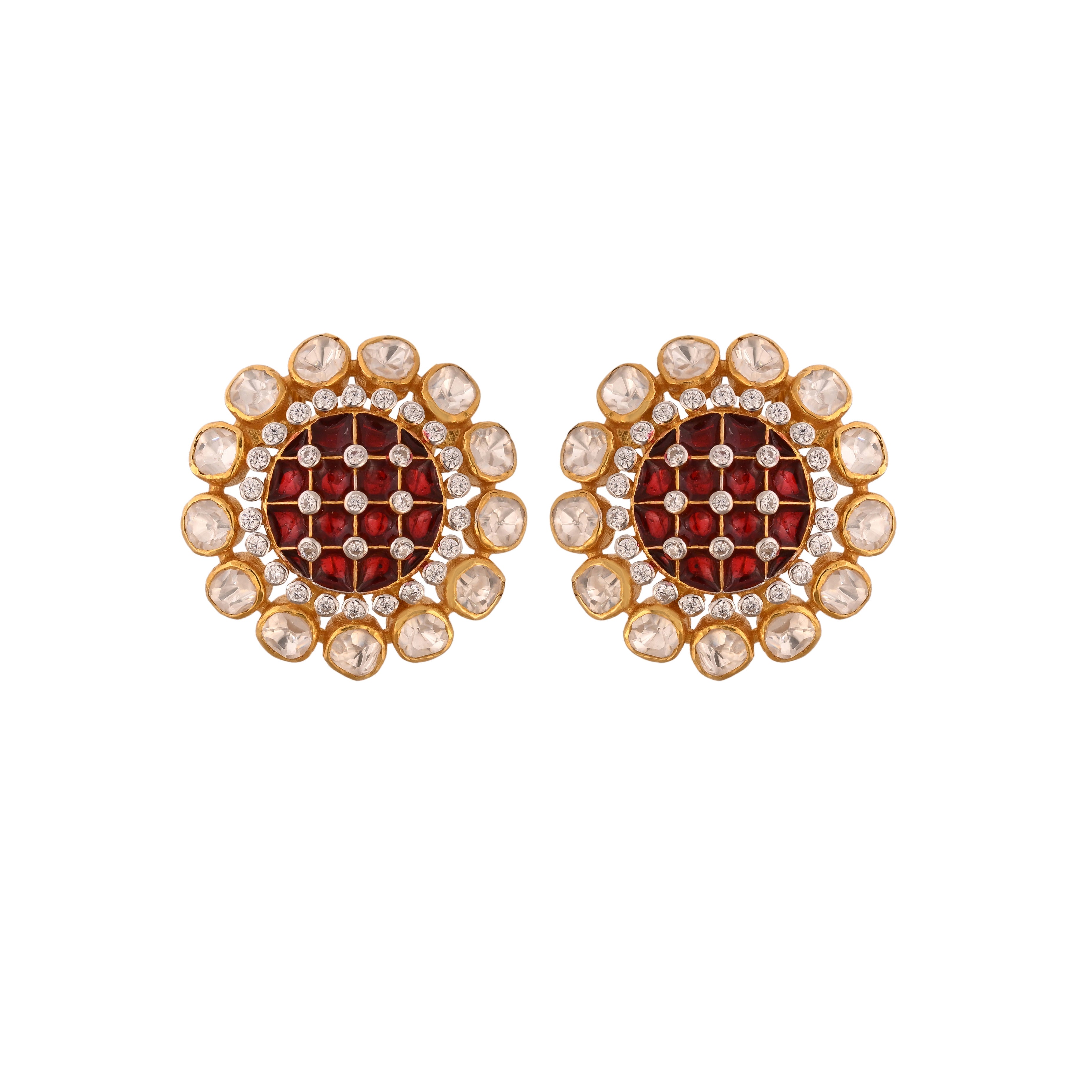 Floral Polki & Maroon Meenakari Silver Earrings