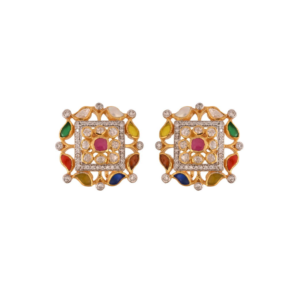 Navratna Square Blossom Silver Earrings