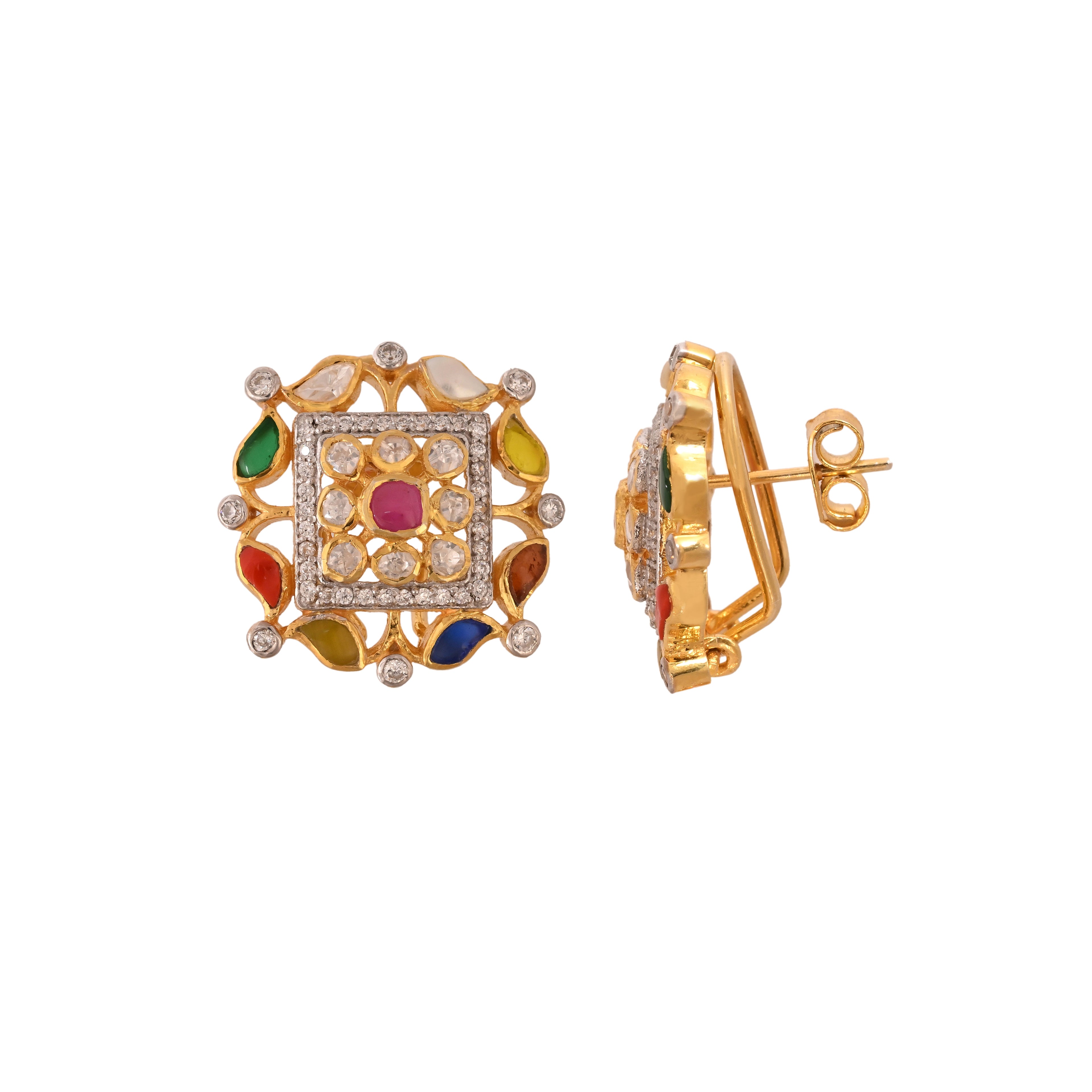 Navratna Square Blossom Silver Earrings