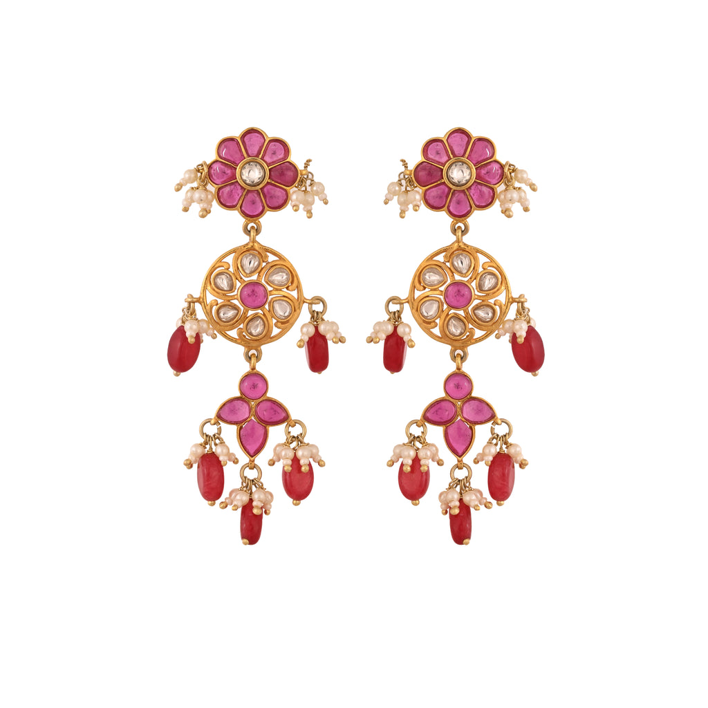 Gulnaar & Polki Floral long Silver Earrings
