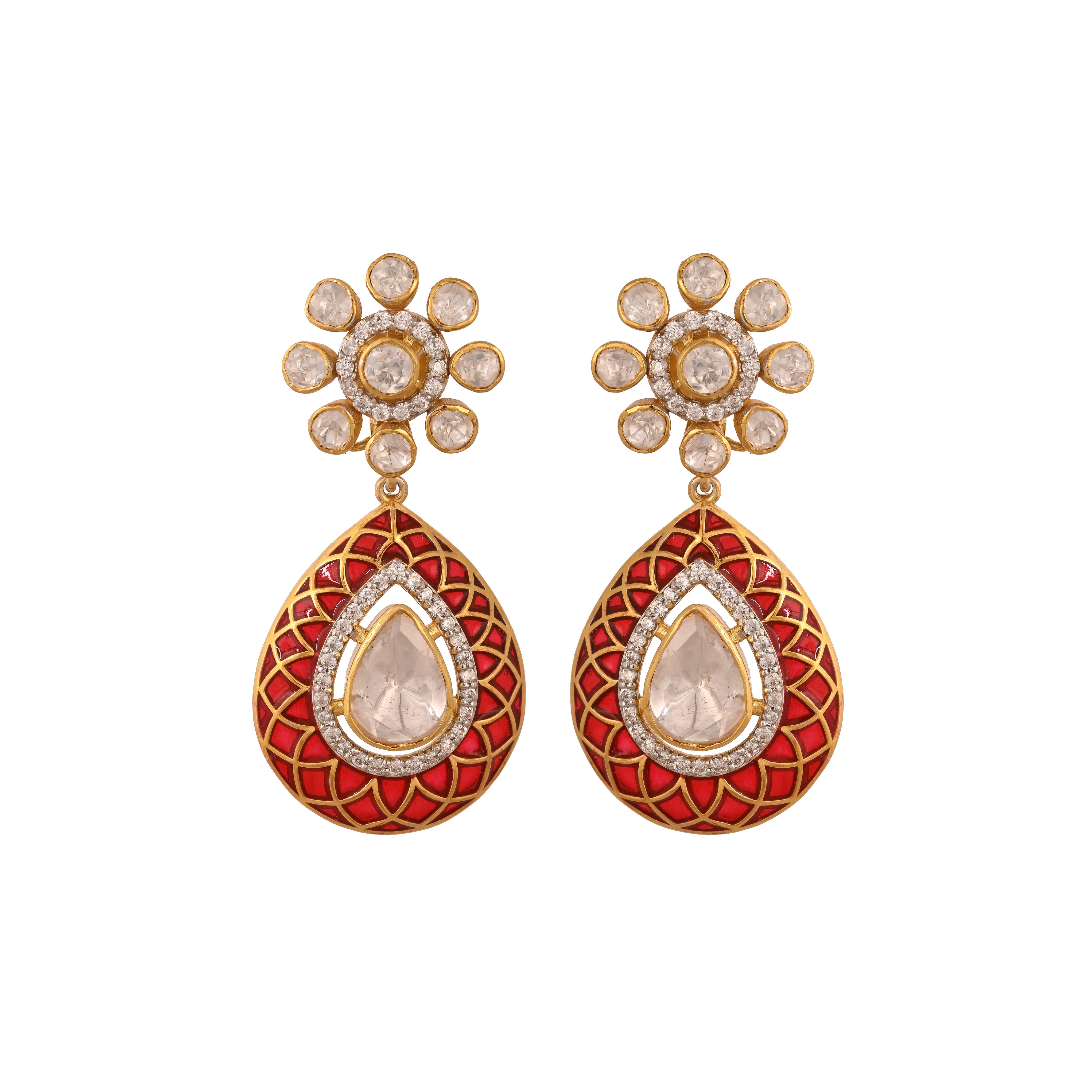 Floral Polki & Red Meenakari Silver Drop Earrings