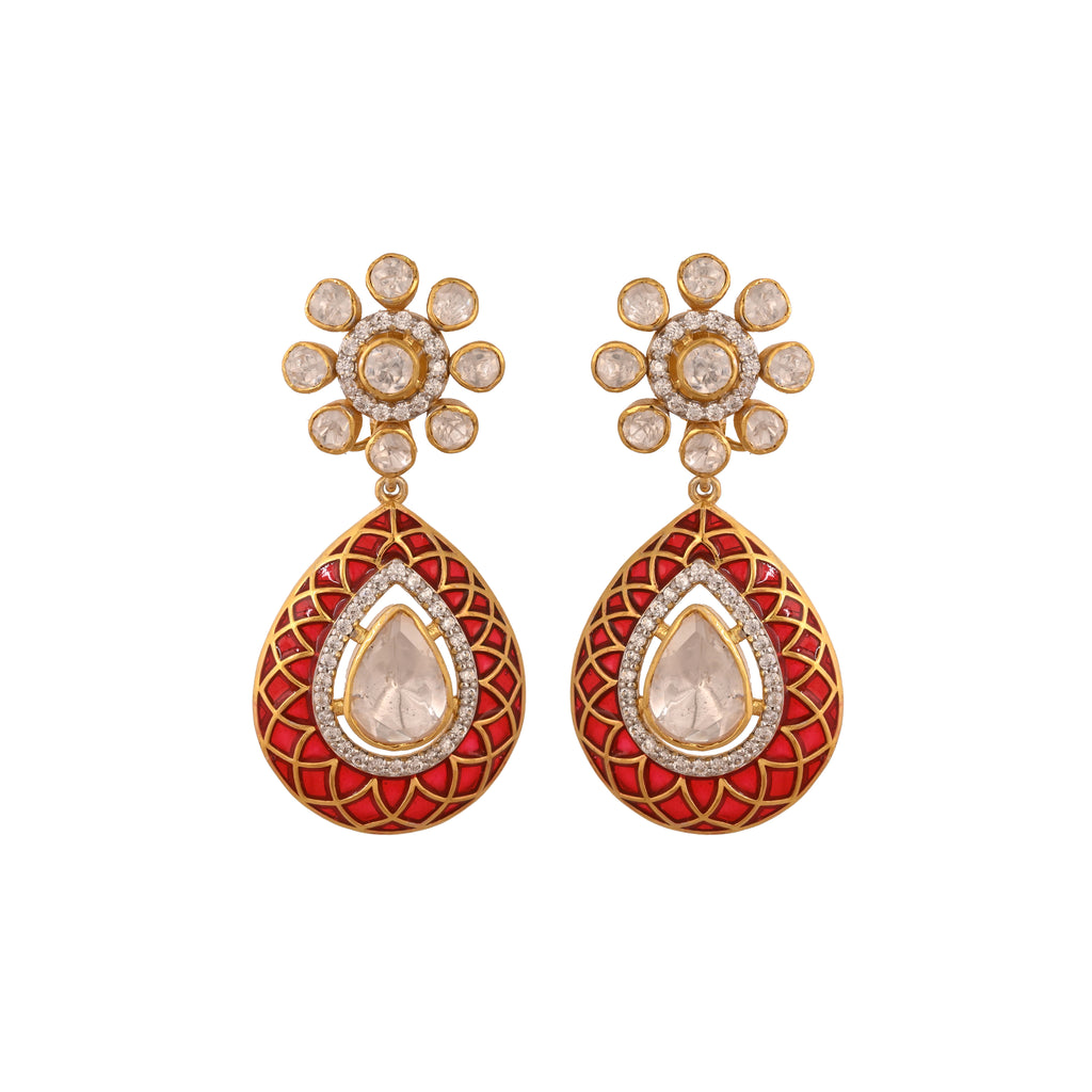Floral Polki & Red Meenakari Silver Drop Earrings
