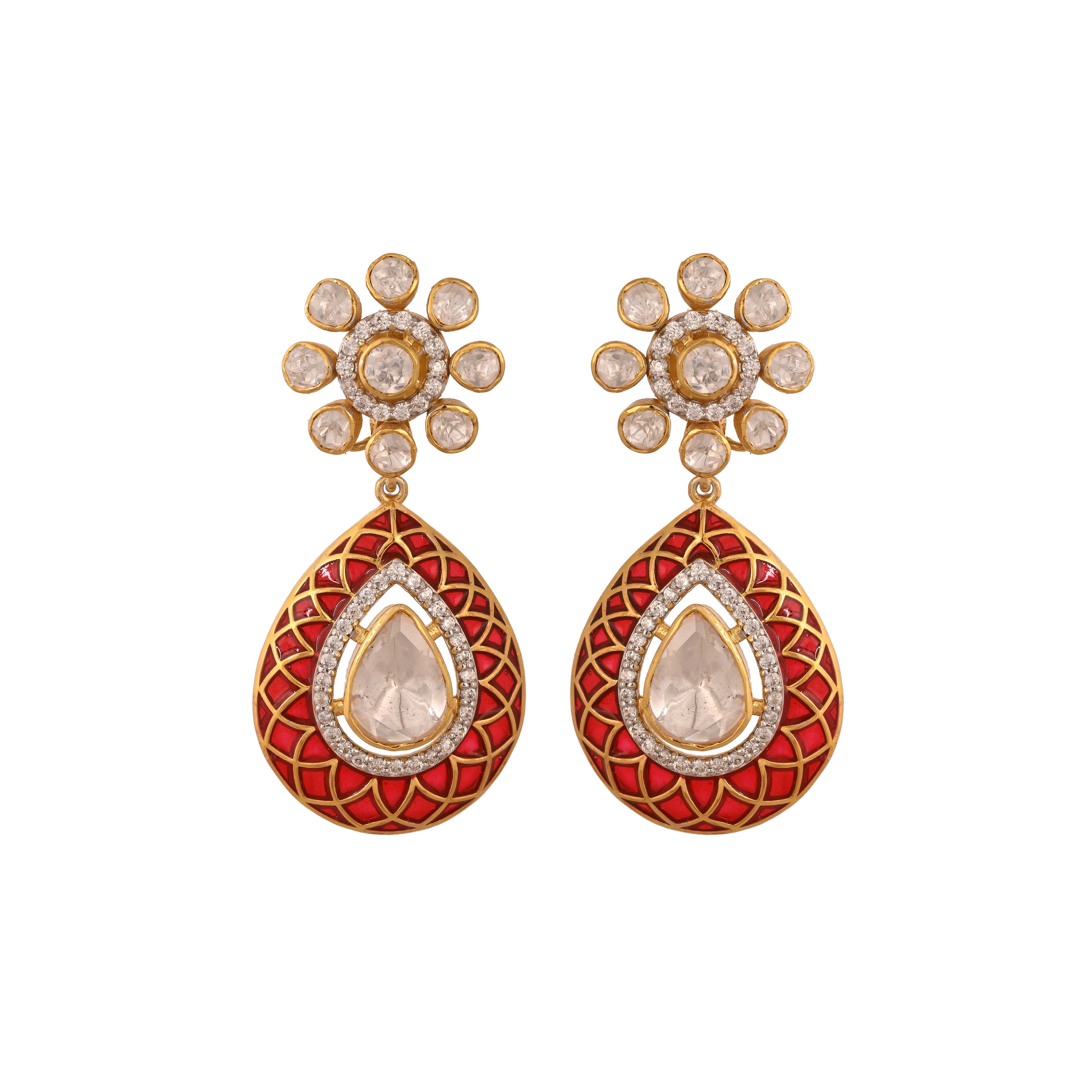 Floral Polki & Red Meenakari Silver Drop Earrings