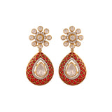 Floral Polki & Red Meenakari Silver Drop Earrings