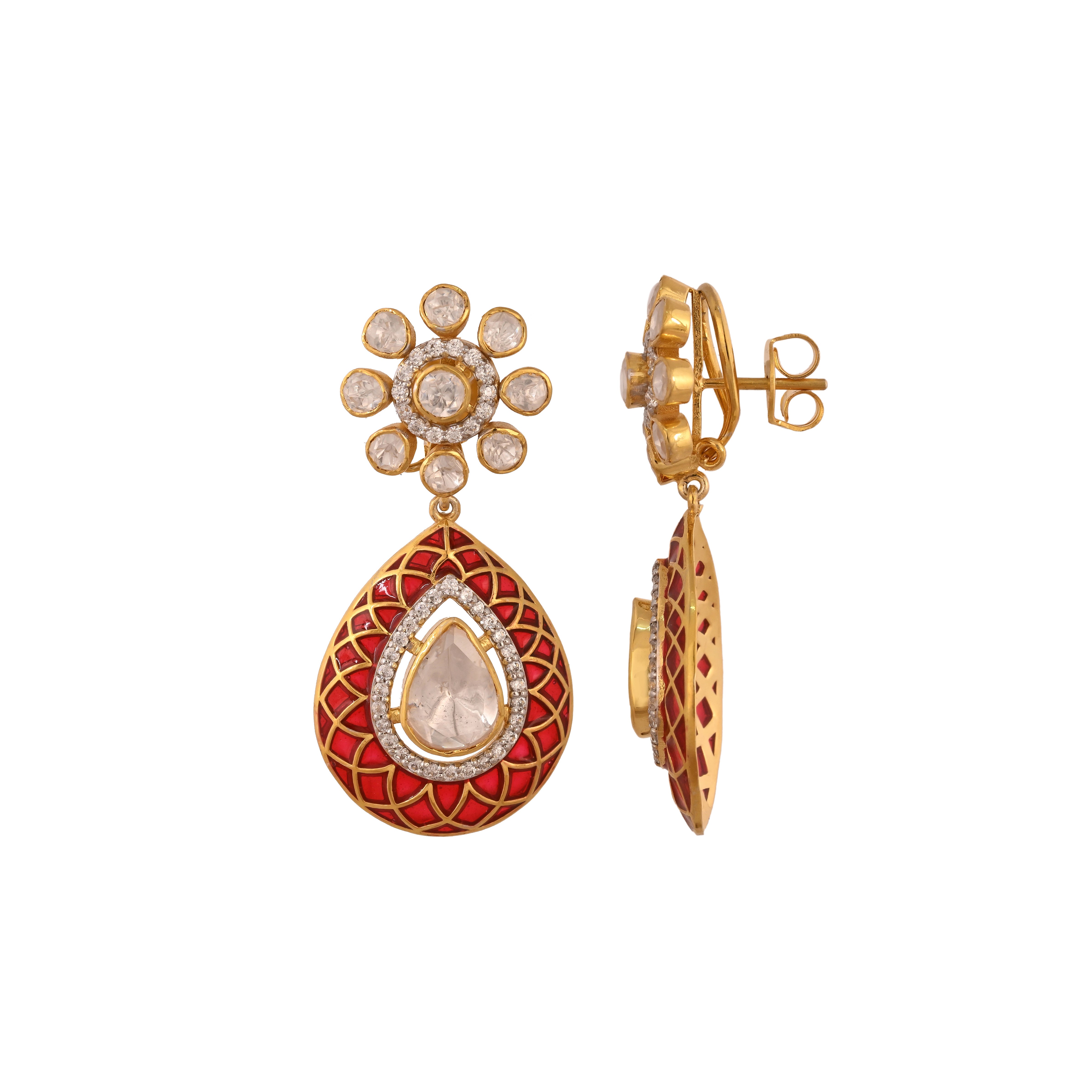 Floral Polki & Red Meenakari Silver Drop Earrings