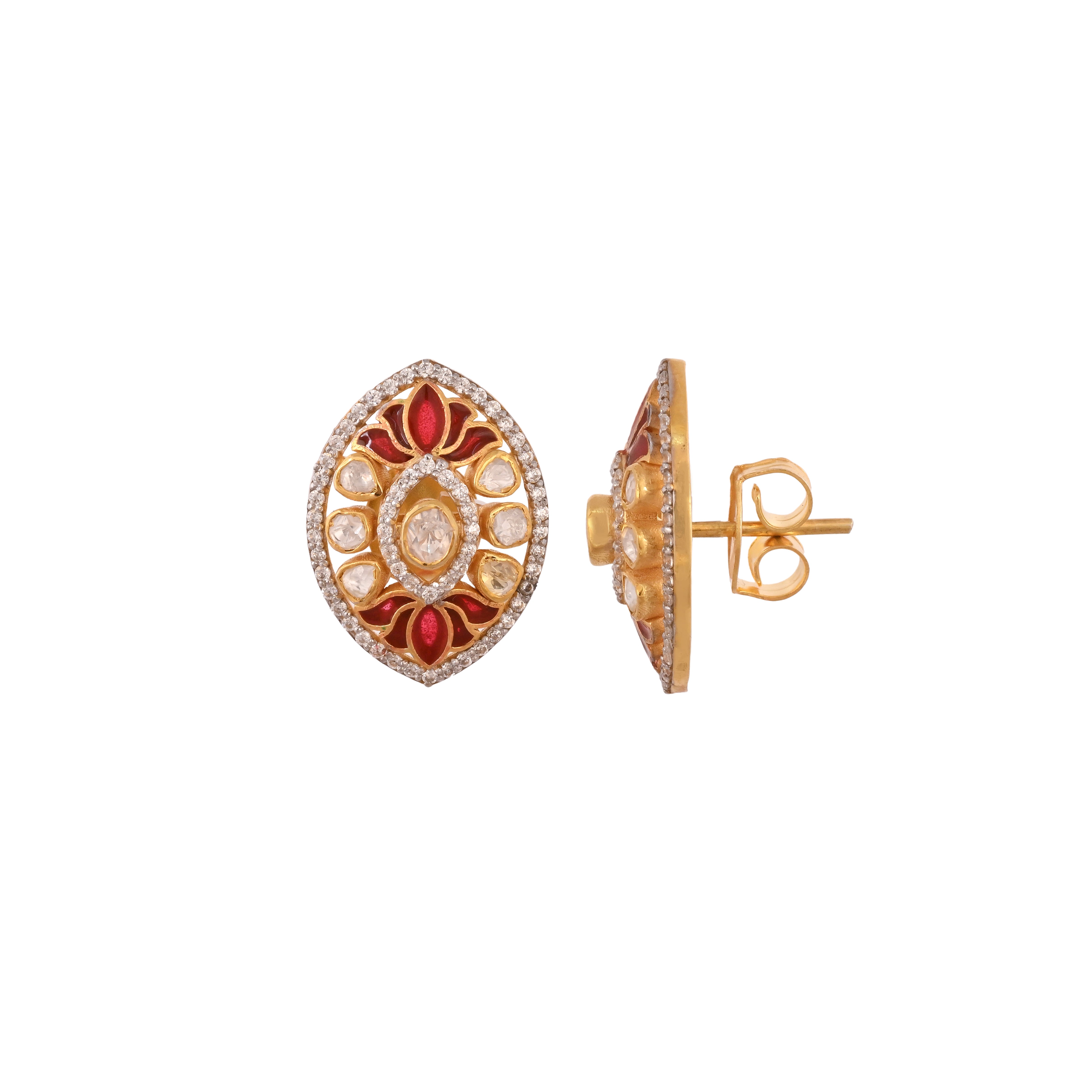 Polki & Red Meenakari Lotus Silver Studs