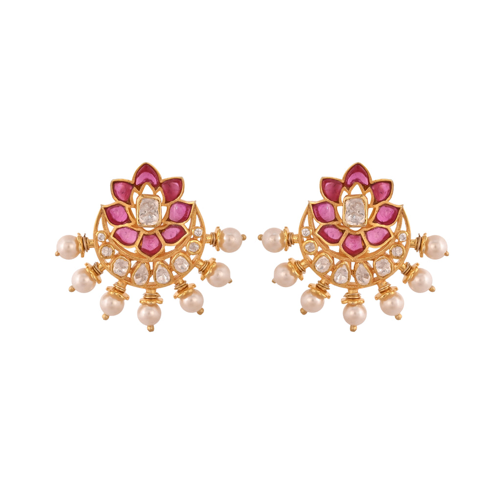 Gul Crescent Bloom Ruby & Polki Silver Earrings