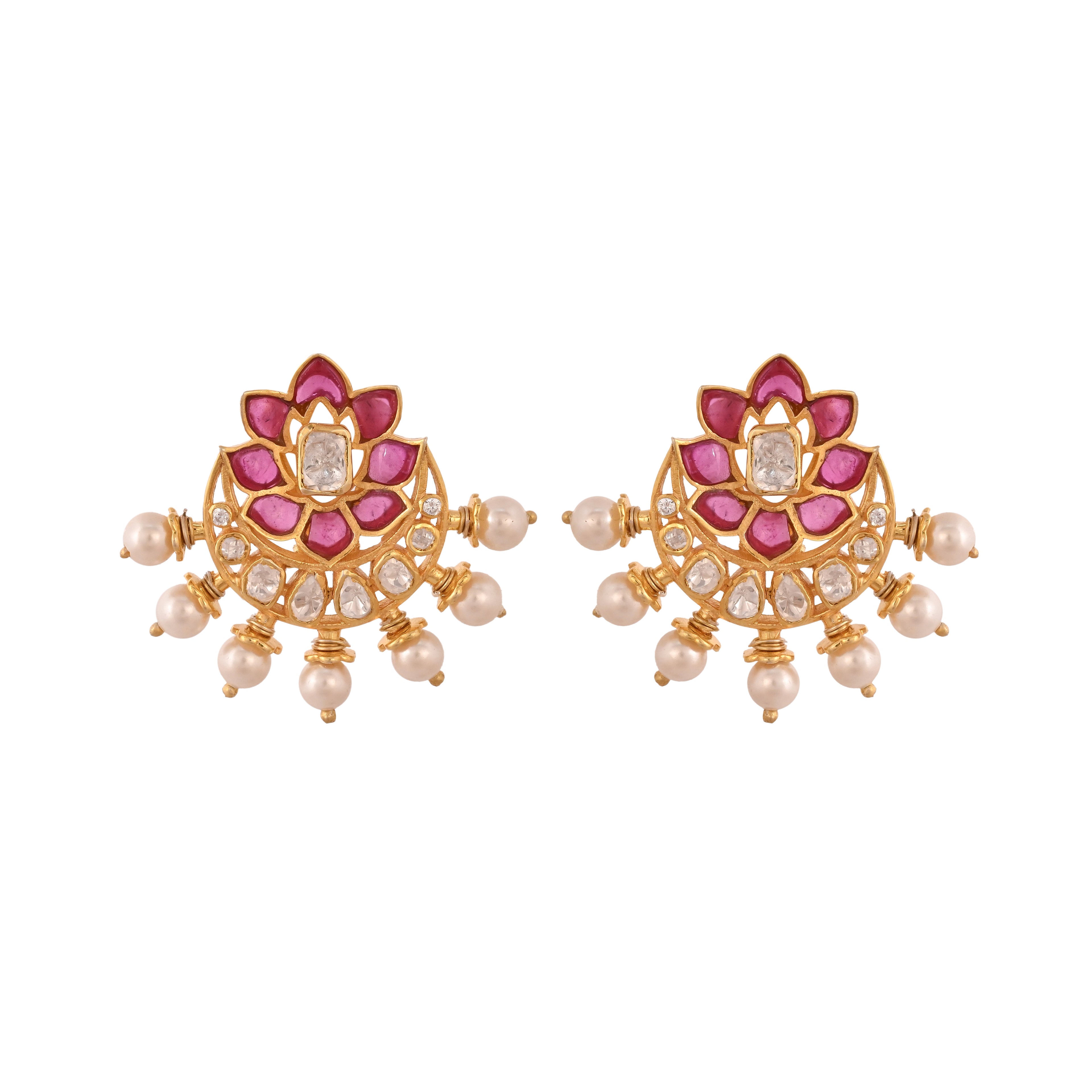 Gul Crescent Bloom Ruby & Polki Silver Earrings