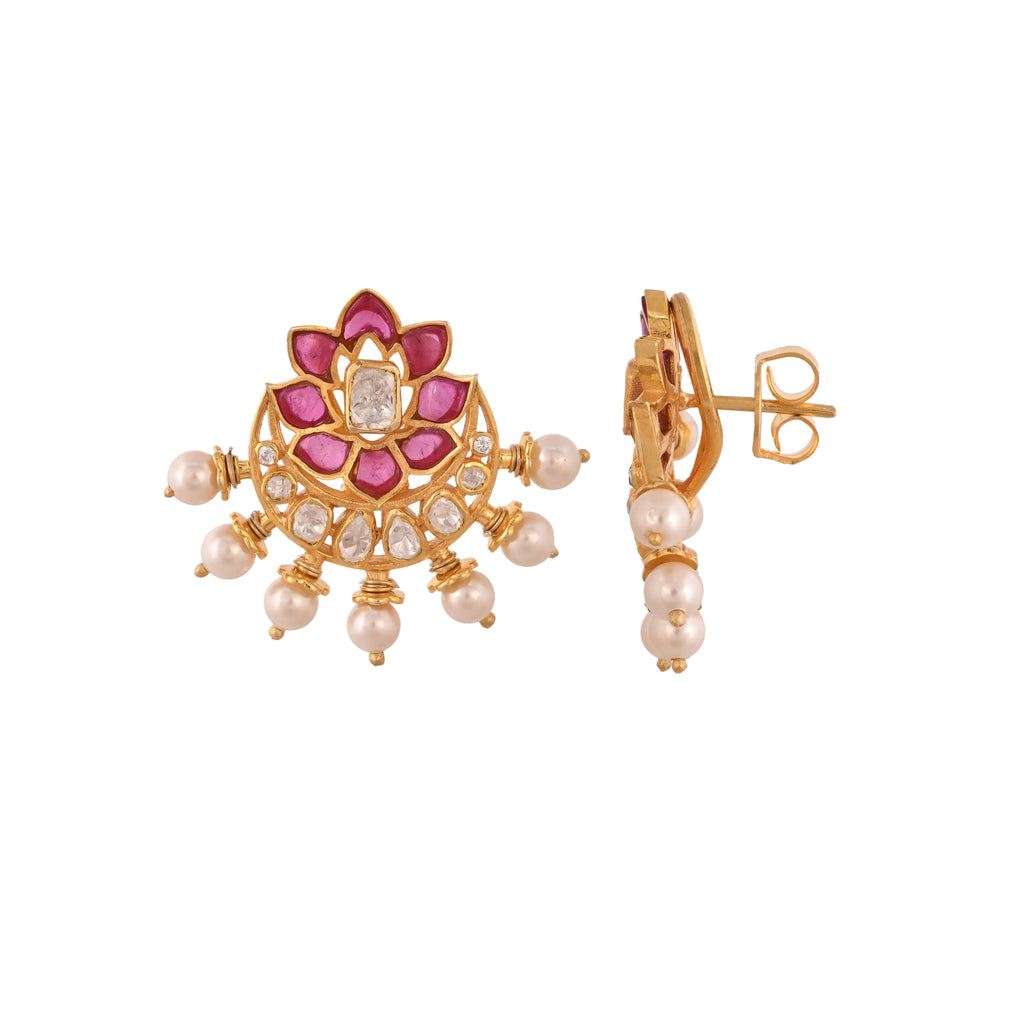 Gul Crescent Bloom Ruby & Polki Silver Earrings