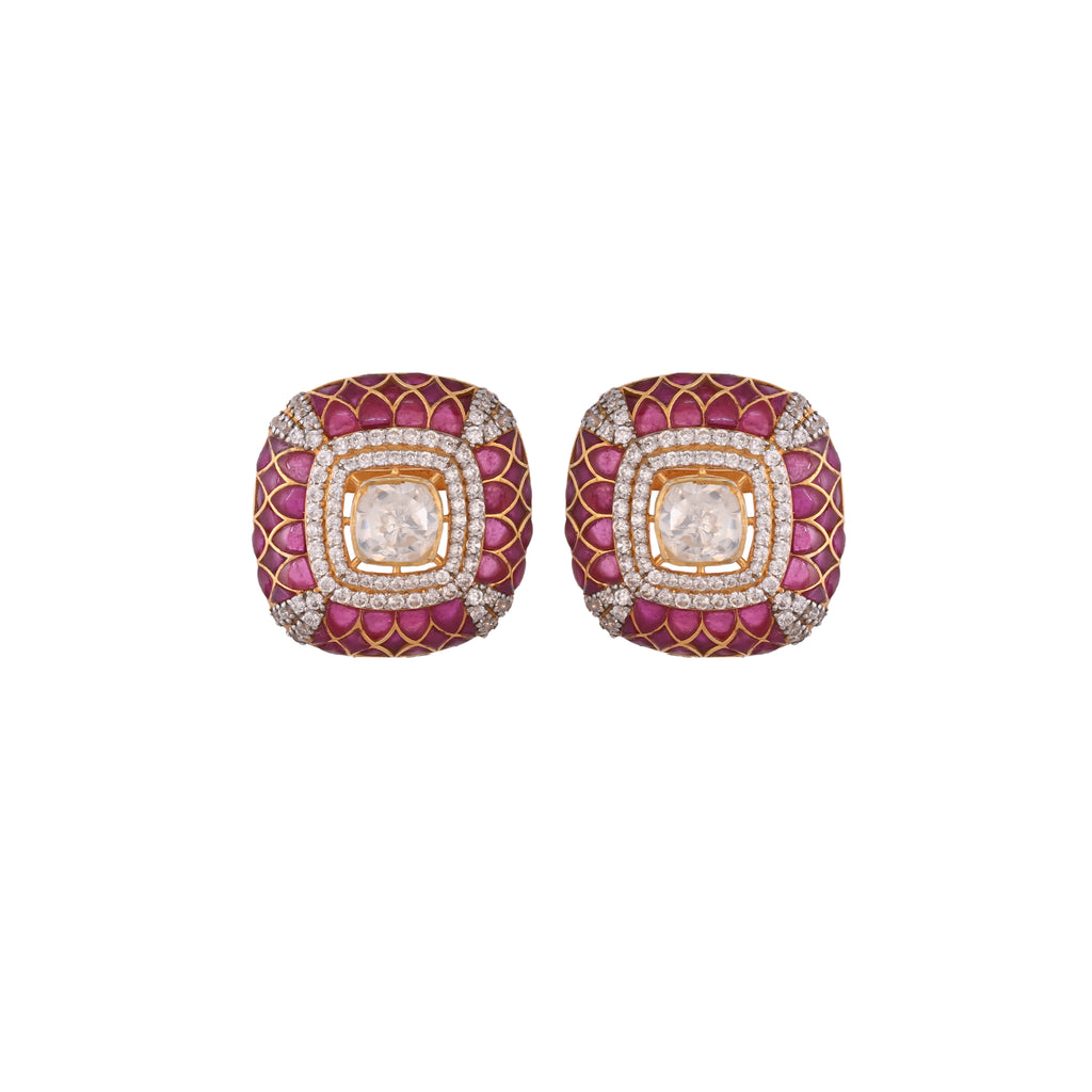 Gul Square Ruby & Polki Silver Earrings