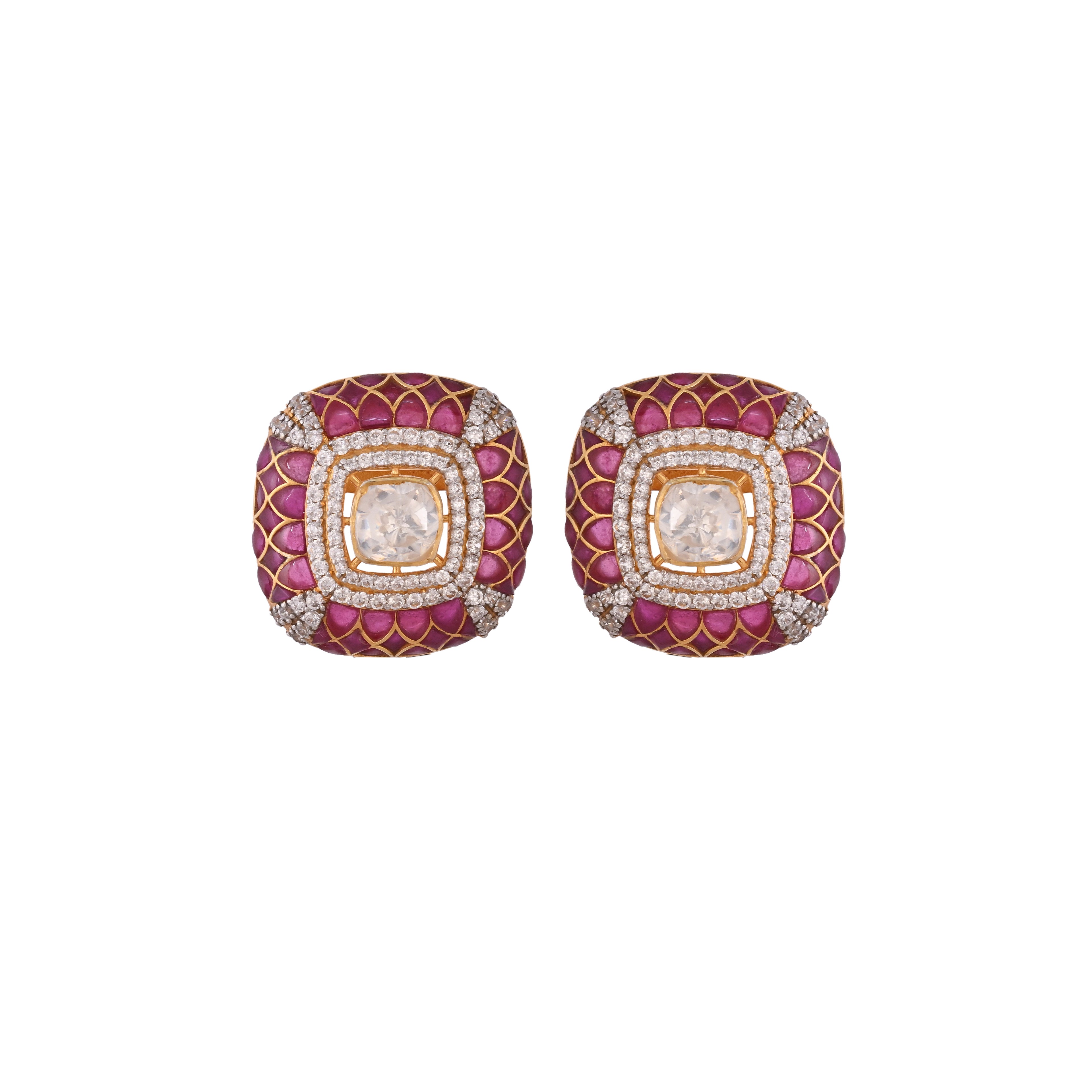 Gul Square Ruby & Polki Silver Earrings