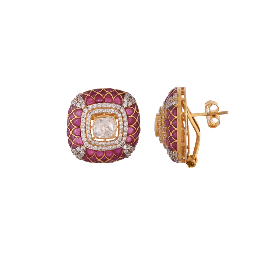 Gul Square Ruby & Polki Silver Earrings